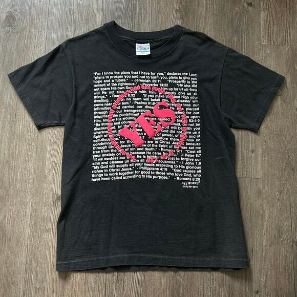 Vintage 90s Romans 8:28 Puff Print Jesus Black Short Sleeve Tee. Sz M - Picture 1 of 4